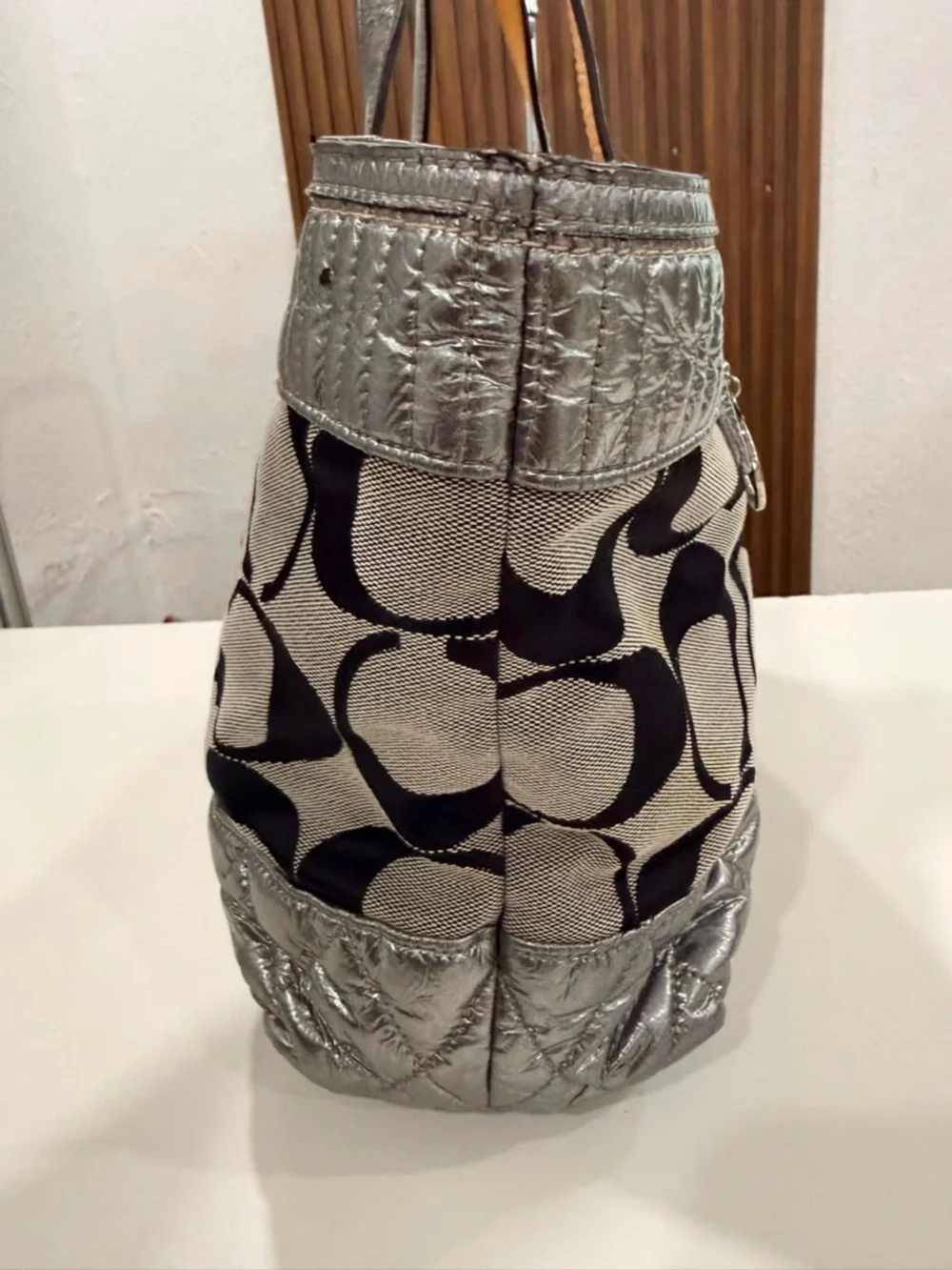 Coach Poppy Silver Quilted Metallic Signature Monogram Gray Black Tote #18676
